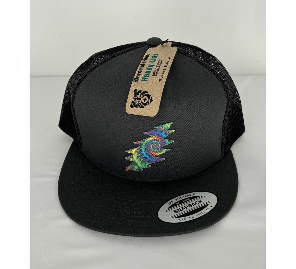Dreamatorium Fractal Bolt 6 Panel Flat Brim Trucker Hat Cap Mens Adjustable New